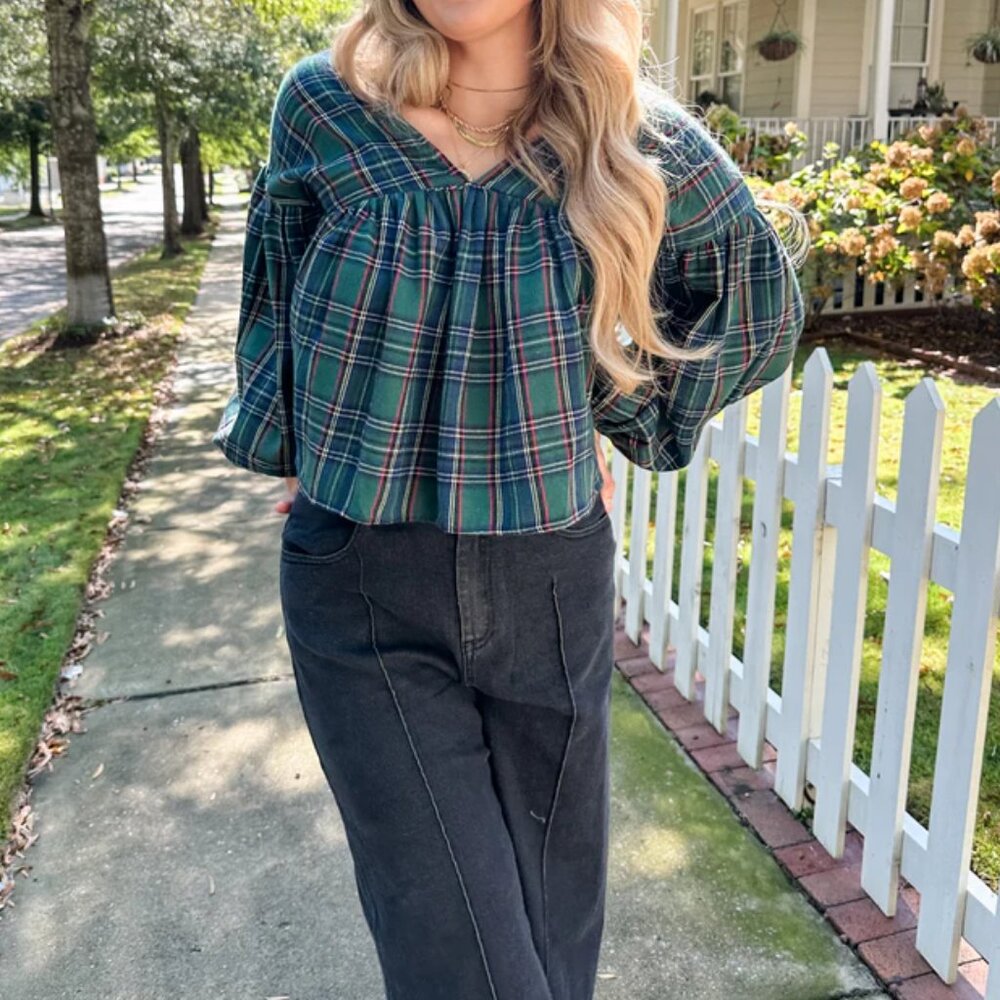 A.N.A Nellie Plaid Peasant Blouse Elbow Balloon Sleeve Blue\Green XXL NWT